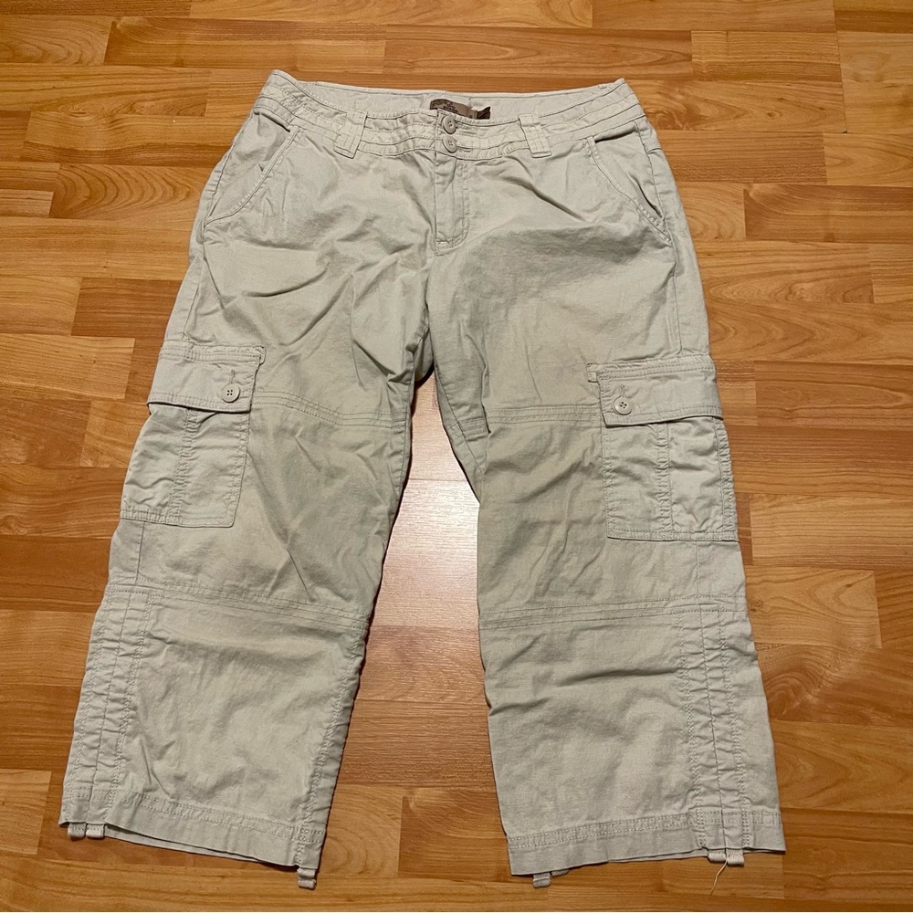 Prana Khaki Cargo Linen Blend Capris With Cinchable Sides